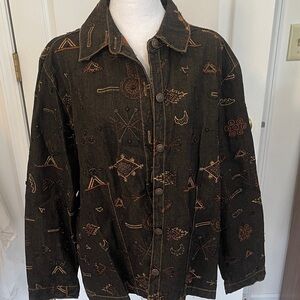 Chico's Black and Brown Embroidered Denim PatchWork Jacket SZ 3 LIKE NEW